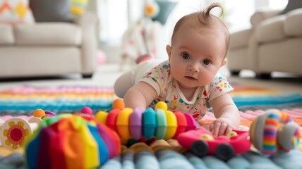 Obraz premium An infant on a soft mat, curiously exploring textured toys with different surfaces.