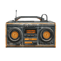 Fototapeta premium Vintage boombox with a distressed finish, featuring oversized speakers and an antenna, embodying retro style.
