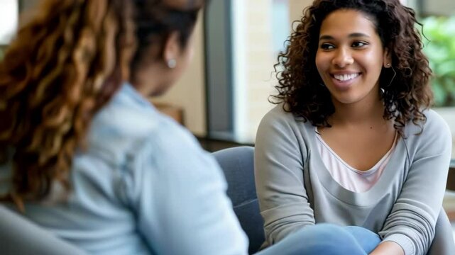 An African American woman and Hispanic female student sitting in chairs talking to each other during a therapy session at a university center for mental health support.