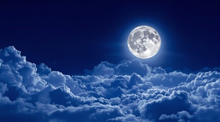 Full moon shining bright over fluffy clouds in a serene night sky. Soft blue tones dominate this tranquil scene, evoking peace and calm. Ai generative