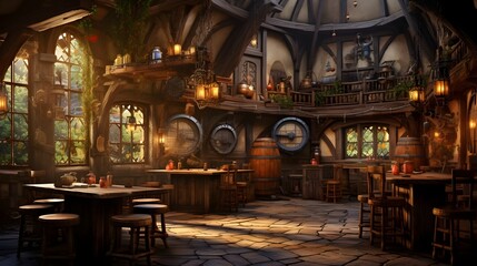 Obraz premium Cozy and traditional rustic pub interior featuring wooden tables beer steins and a warm inviting atmosphere for relaxation and social gathering