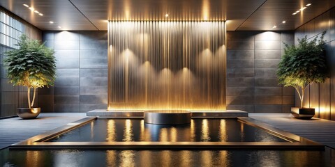 Serene Indoor Oasis  Reflective Pool, Golden Wall Feature, and Lush Greenery Create a Tranquil Atmosphere