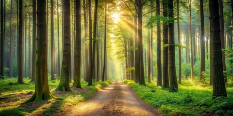 Naklejka premium Sunlit Path Through a Verdant Forest of Tall Trees on a Misty Morning