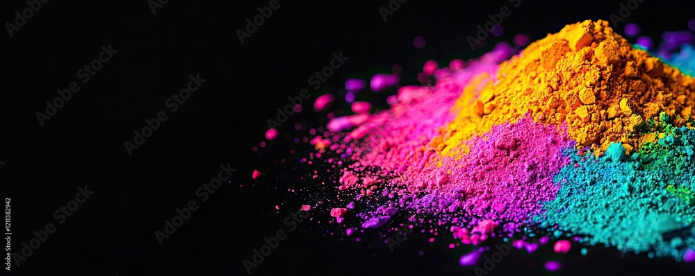 Poster rainbow holi idea. vibrant colored powders creating a stunning visual against a dark background.