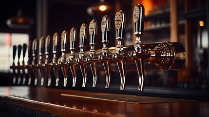 A close up shot of a beer tap system with multiple taps and branded labels for various craft beers showcasing the variety and offerings at a bar or pub