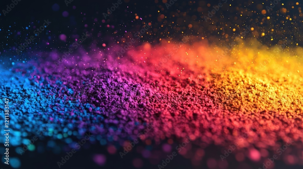 Poster Rainbow holi idea. Vibrant powder explosion creating colorful abstract patterns in a dark background.