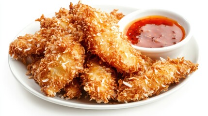 A plate of crispy coconut chicken tenders served with sweet chili dipping sauce, Each tender coated in crunchy coconut flakes and fried to golden perfection