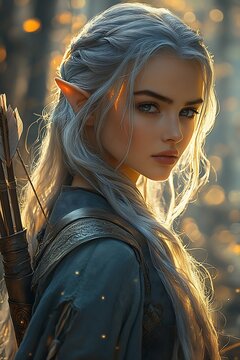 Cinematic still from a fantasy movie featuring an elven archer with flowing silver hair, adorned in elegant elven armor, drawing back a glowing bow against the backdrop of an ancient elven forest, 