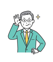 眼鏡を上げてニヤリと笑い自信を見せる高齢男性ビジネスマン