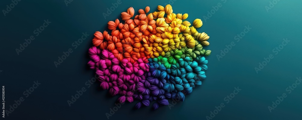 Poster rainbow holi idea. colorful abstract arrangement of small spheres forming a vibrant circular pattern