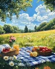 A serene image of a picnic blanket spread on a sunny meadow, with fresh fruit and lemonade