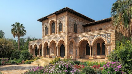 Obraz premium Ornate Moorish-style building, vibrant garden.