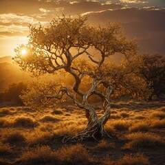 A gold tree with twisting branches, lit by the golden rays of a fantasy sunrise.
