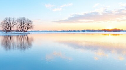 Winter sunrise over calm lake, trees reflected, peaceful scene, nature background