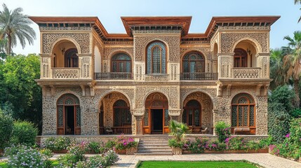 Obraz premium Ornate stone mansion, lush garden, sunny day.