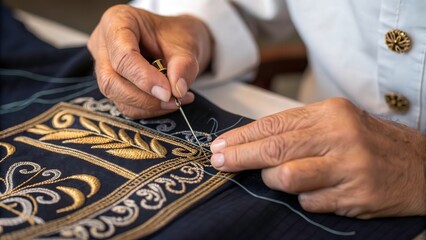 Obraz premium Close up of Tailor Skillfully Sewing Intricate Embroidery on Fabric. Generative AI
