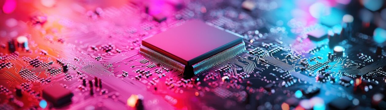 Close-up view of a vibrant microchip on a circuit board.