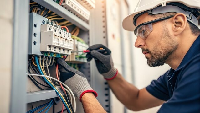 Electrician Connects Wires in Electrical Panel During Installation in Low Light Environment. Generative AI