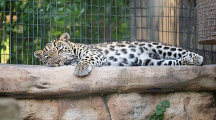 A baby leopard is sleeping on a rock