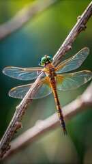 Colorful Australian Dragonfly Perched on Branch in Close up Shot. Generative AI