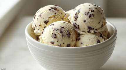 Close-up of a bowl of creamy vanilla ice cream with chocolate chips.