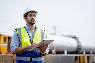 Technician or worker holding hardhat and smiling at construction train station.