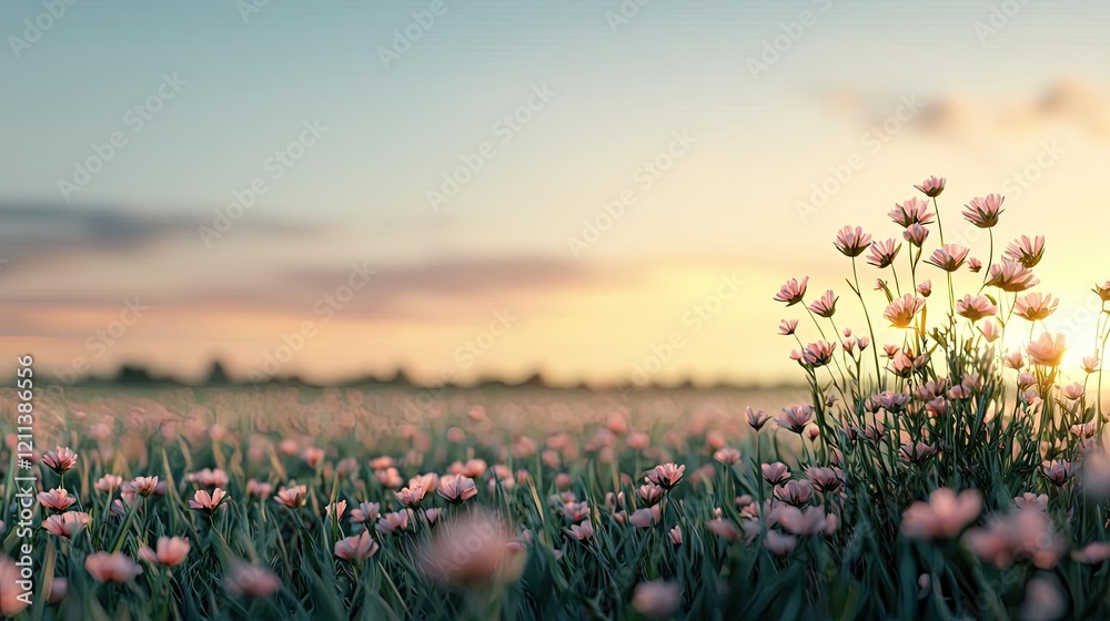 Poster pastel spring concept. a serene field of delicate flowers basking in the warm glow of the setting su