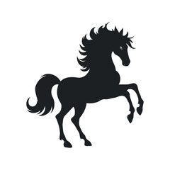 A black horse rears up on its hind legs with its mane flowing in the wind against a white background.