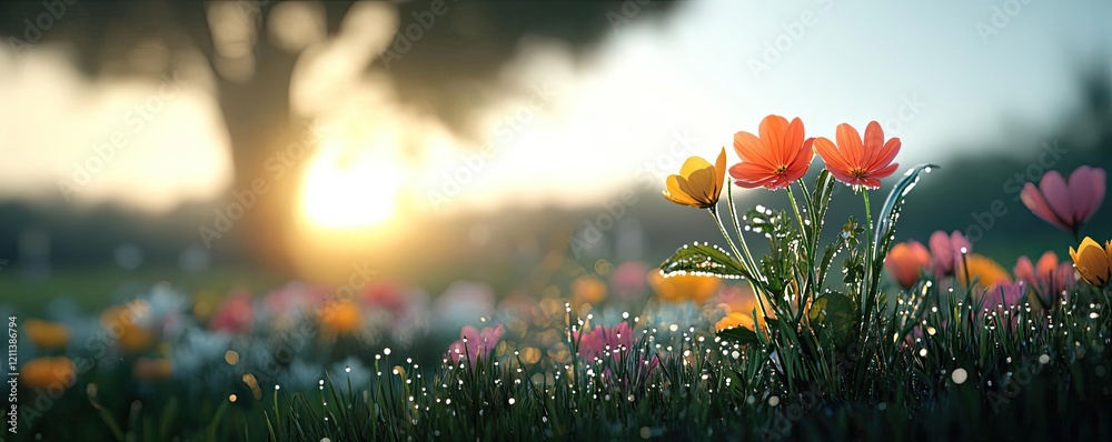 Poster pastel spring concept. a vibrant field of colorful flowers illuminated by a soft sunset glow.