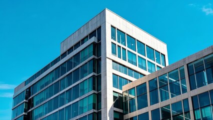 Fototapeta premium Modern glass and steel office building, symmetrical design, bathed in midday light, showcasing sleek architecture and urban professionalism.