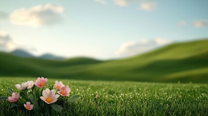 Pastel spring concept. Beautiful blooming flowers in a lush green landscape under a bright blue sky.