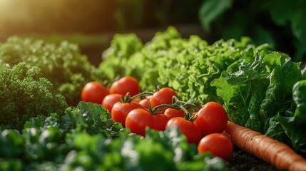 A serene image of a thriving vegetable garden with neatly arranged rows of tomatoes, lettuce, and carrots under morning sunlight