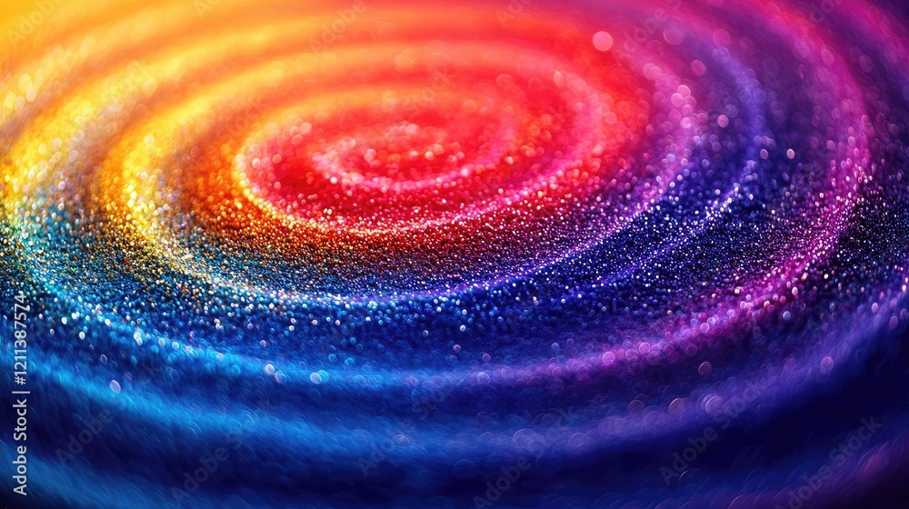 Poster rainbow holi idea. colorful spiral pattern with glittering particles in a vibrant, abstract design.