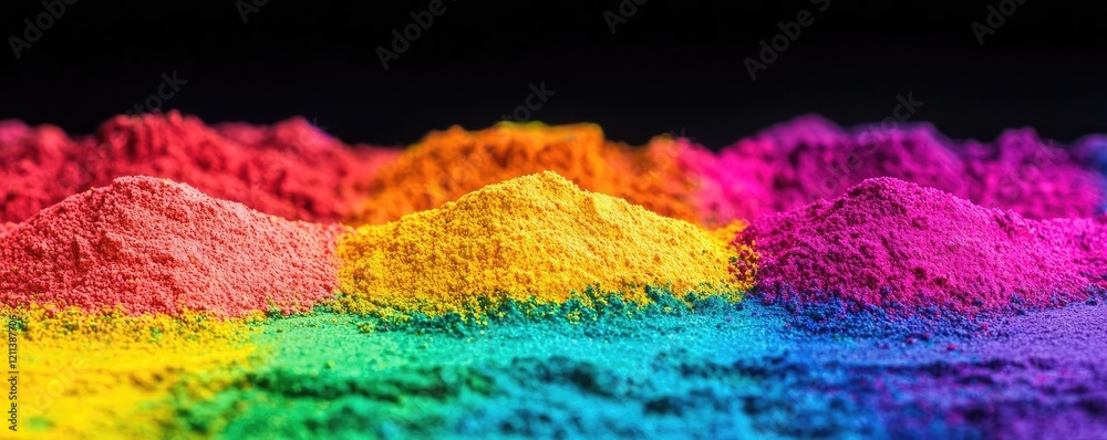 Poster rainbow holi idea. vibrant colored powders arranged in rainbow patterns for artistic or festive use.