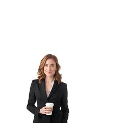 A professional photograph of a confident woman in a sleek black suit, holding a coffee cup and smiling warmly, isolated on a white background. 8k UHD, suitable for high-quality printing or digital 