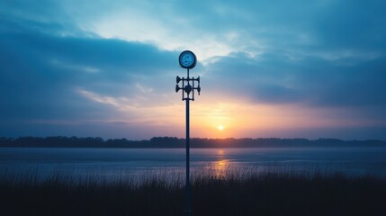 Obraz premium A serene image of a weather station at sunrise, with instruments measuring wind speed and atmospheric pressure