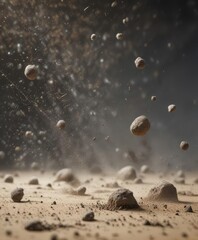 Dust particles floating in the air with varying sizes and shapes, suspended air, atmospheric condition, particle suspension