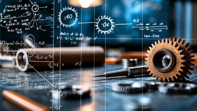 abstract background innovative futuristic technology or business management concept, gears with neon light and complex equation mathematic background
