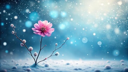 Naklejka premium A Delicate Pink Blossom Bravely Blooms Amidst a Winter Wonderland, a Symbol of Resilience and the Promise of Spring's Arrival