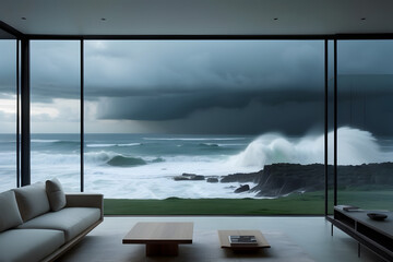 An interior view of a serene home with a large, floor-to-ceiling transparent windows with a view of a stormy ocean