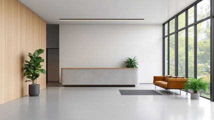 Fototapeta premium Modern reception area with large windows and stylish furniture.