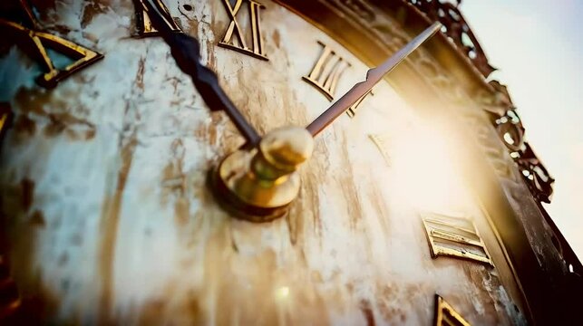 Antique clock face, sunlit, close-up, outdoors, time passing