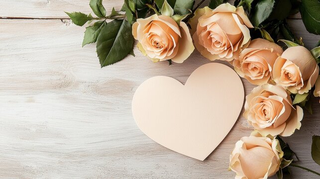 A serene arrangement of soft pink roses and a blank heart-shaped card on a rustic wooden surface, ideal for love notes or special occasions.