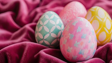 Naklejka premium Pastel easter idea. Colorful decorated eggs resting on a soft pink velvet background for Easter celebrations.