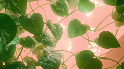 Lush Green Heart Shaped Leaves Against Pink Background