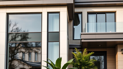 Fototapeta premium Modern House Exterior: Contemporary Architecture Design. Luxury Real Estate, Residential Building with Glass Balcony and Large Windows. Stunning Facade and Urban Structure