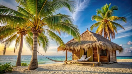 Cozy beachside hut with a thatched roof and a hammock hung between two palm trees, outdoor furniture, hammock, charming