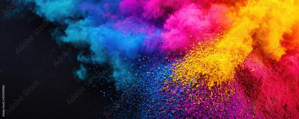 Poster Rainbow holi idea. Vibrant color powders explode against a dark background, creating artistic visual effects.