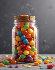 colorful jelly candies poured into a clear glass jar with a cork stopper, colorful confectionery, decorative bottles, clear glass jar