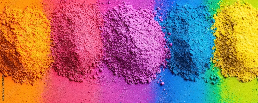 Poster rainbow holi idea. vibrant powder colors arranged in a rainbow spectrum creating visual excitement.